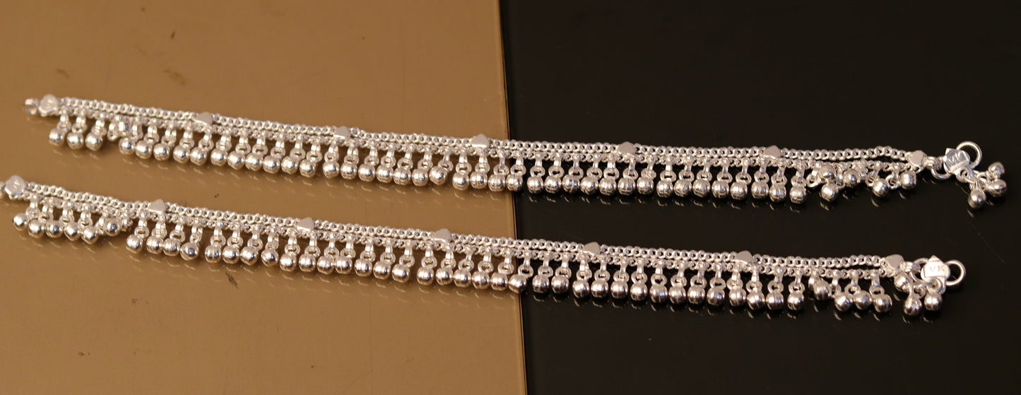 10.5" long handmade sterling silver gorgeous ankle bracelet, nice noisy hanging bells charm anklets for girls women's belly dance ank174 - TRIBAL ORNAMENTS
