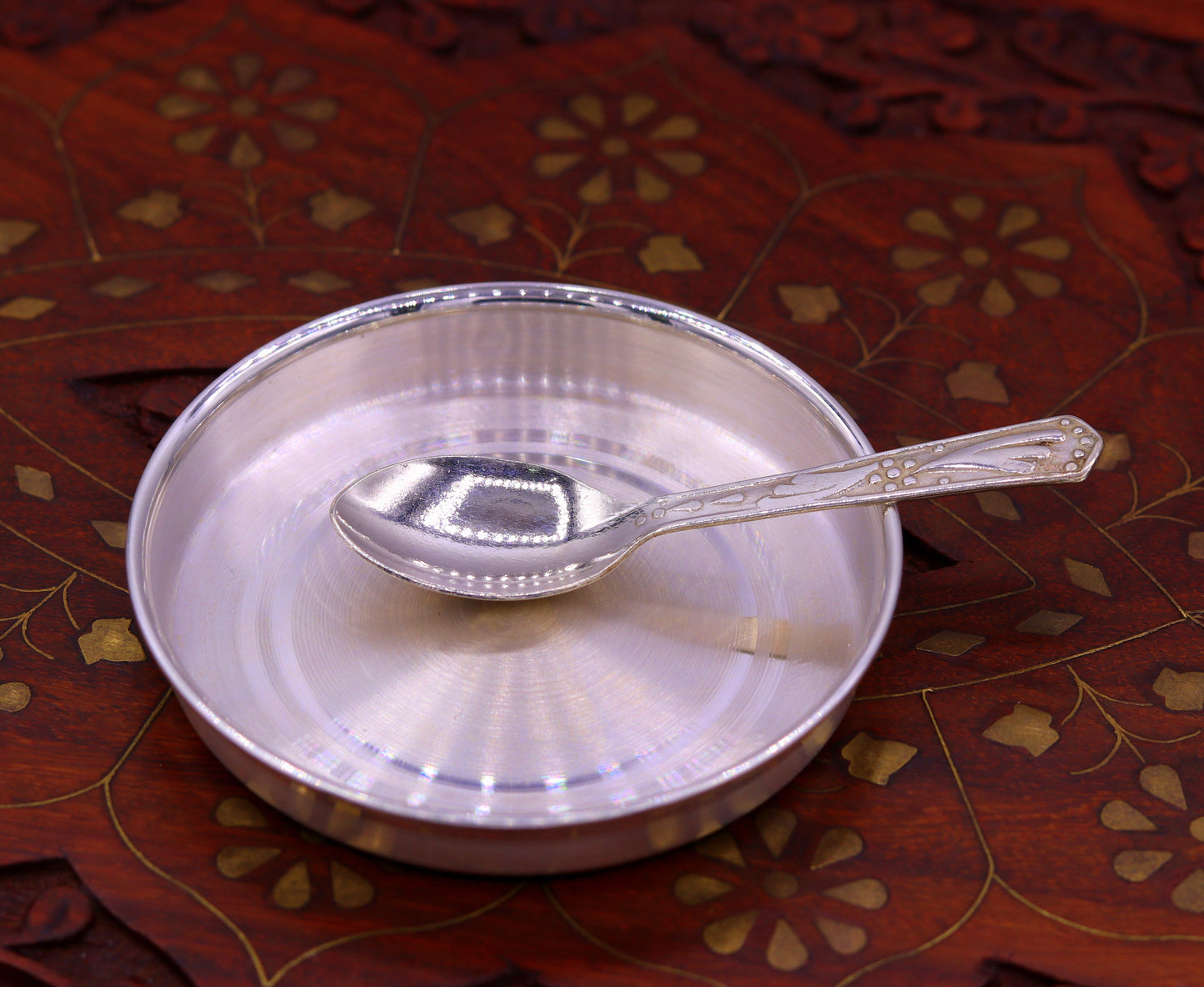 999 pure silver handmade silver baby plate and spoon set, silver has antibacterial properties, keep stay healthy, silver vessels sv08 - TRIBAL ORNAMENTS