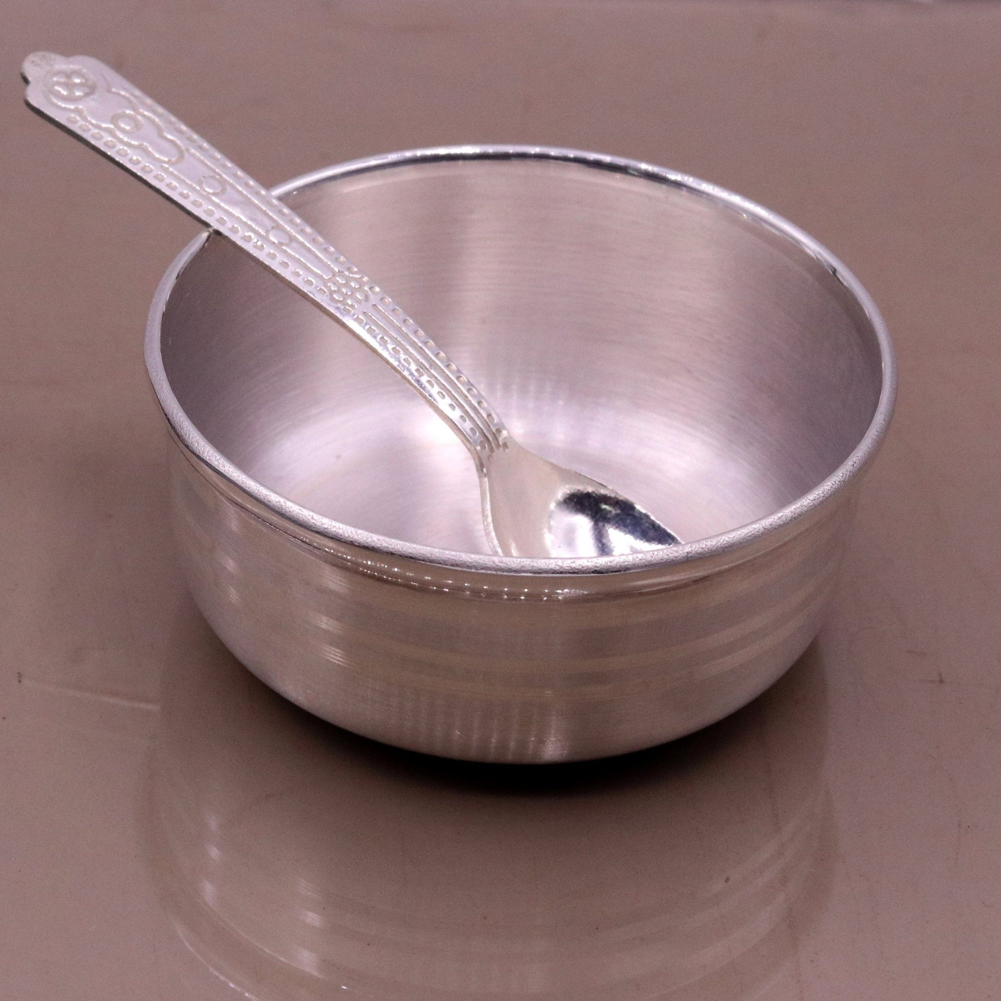 Handmade 99.9% solid pure silver baby bowl with small spoon silver vessels, daily use silver utensils for your healthy baby or kids sv12 - TRIBAL ORNAMENTS