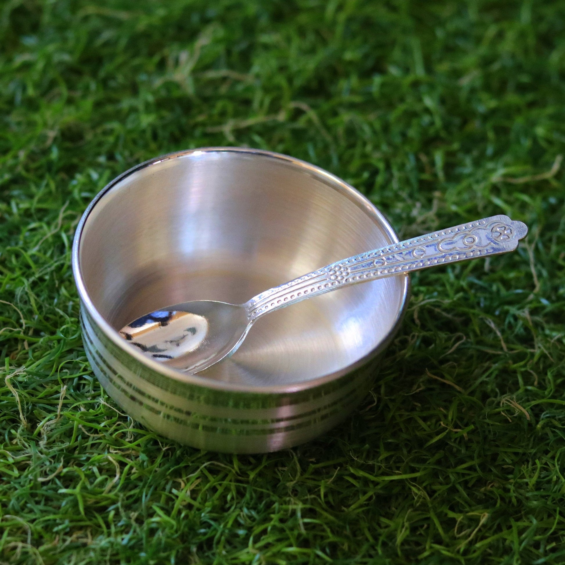Handmade 99.9% solid pure silver baby bowl with small spoon silver vessels, daily use silver utensils for your healthy baby or kids sv12 - TRIBAL ORNAMENTS