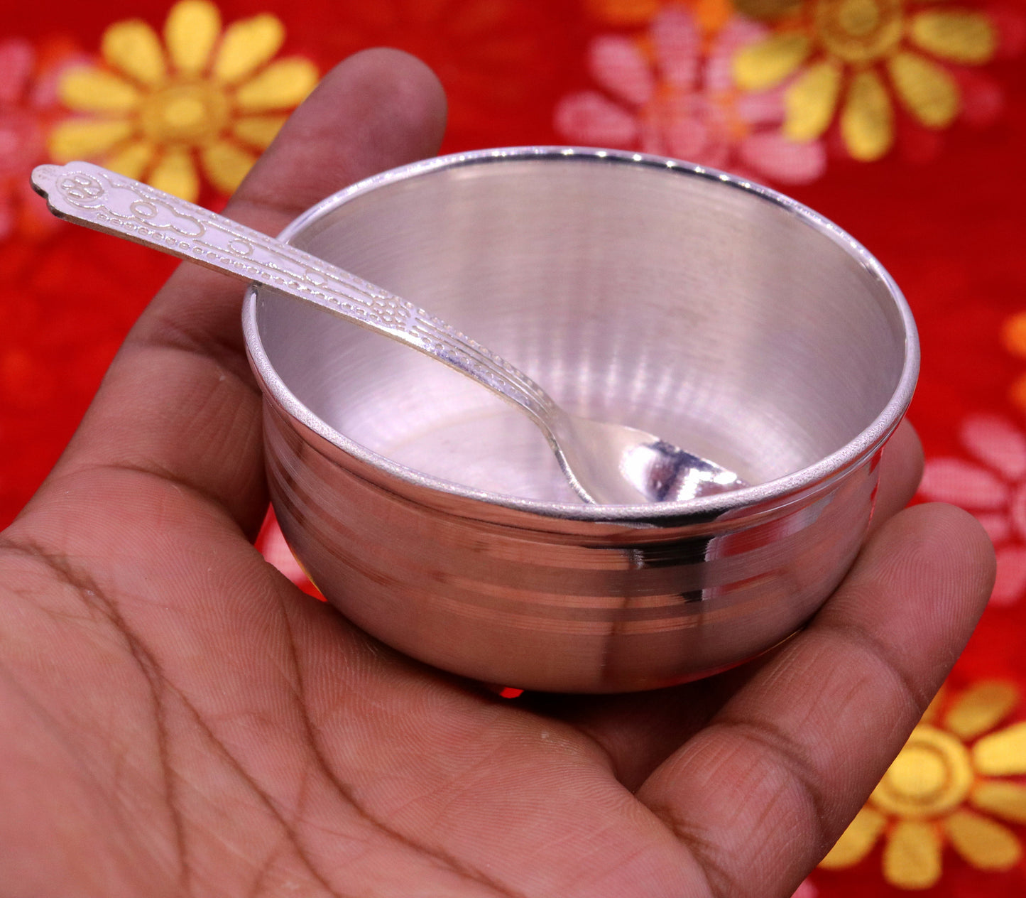 Handmade 99.9% solid pure silver baby bowl with small spoon silver vessels, daily use silver utensils for your healthy baby or kids sv12 - TRIBAL ORNAMENTS