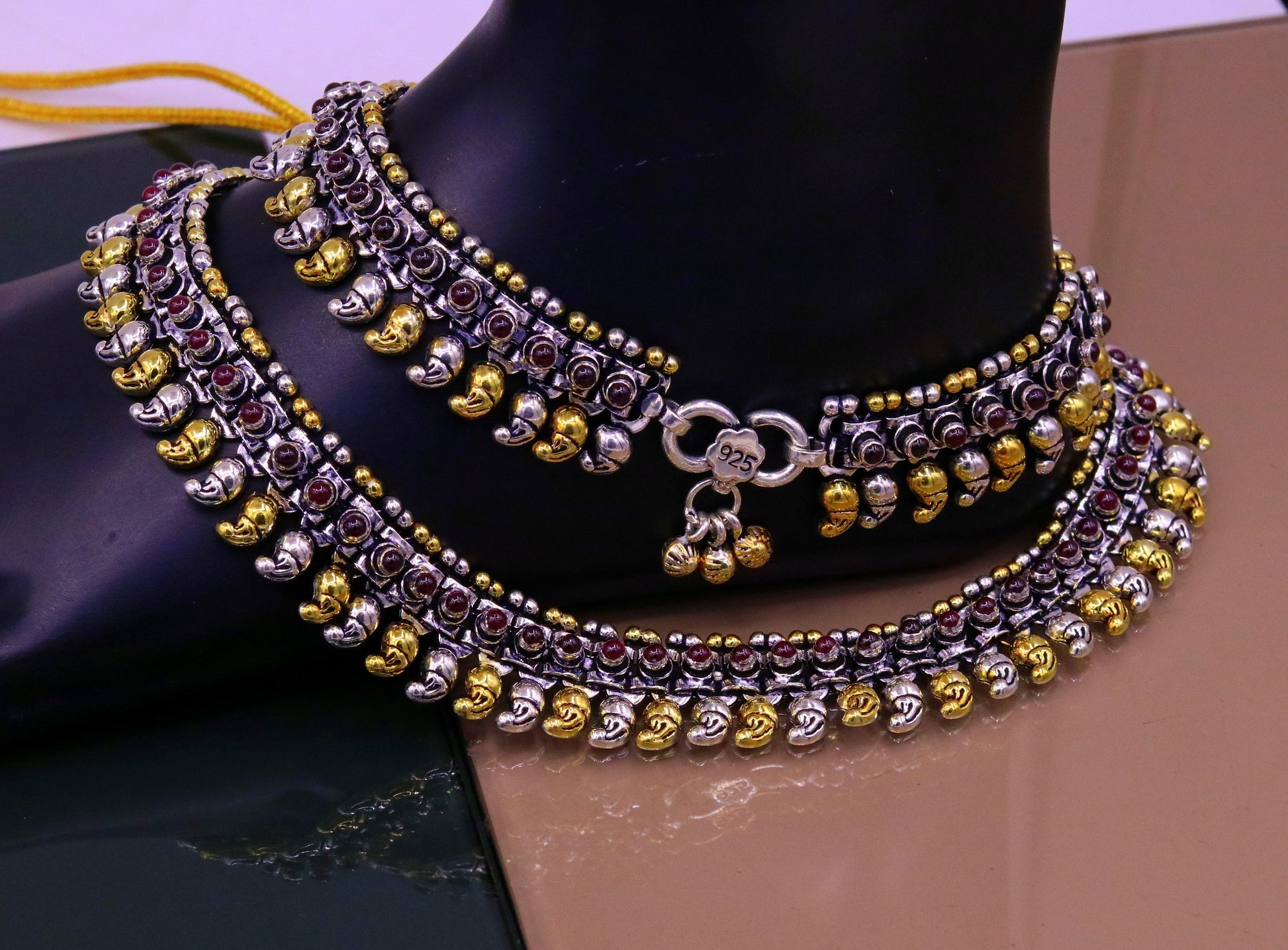 925 sterling silver dual tone mango chain with semi precious stone anklets or necklace tribal belly dance oxidized jewelry  ank103 - TRIBAL ORNAMENTS