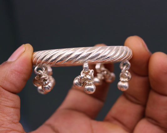 Vintage antique design handmade Sterling silver baby bangle bracelet kada with hanging noisy bells fabulous gifting jewelry from india ba47 - TRIBAL ORNAMENTS