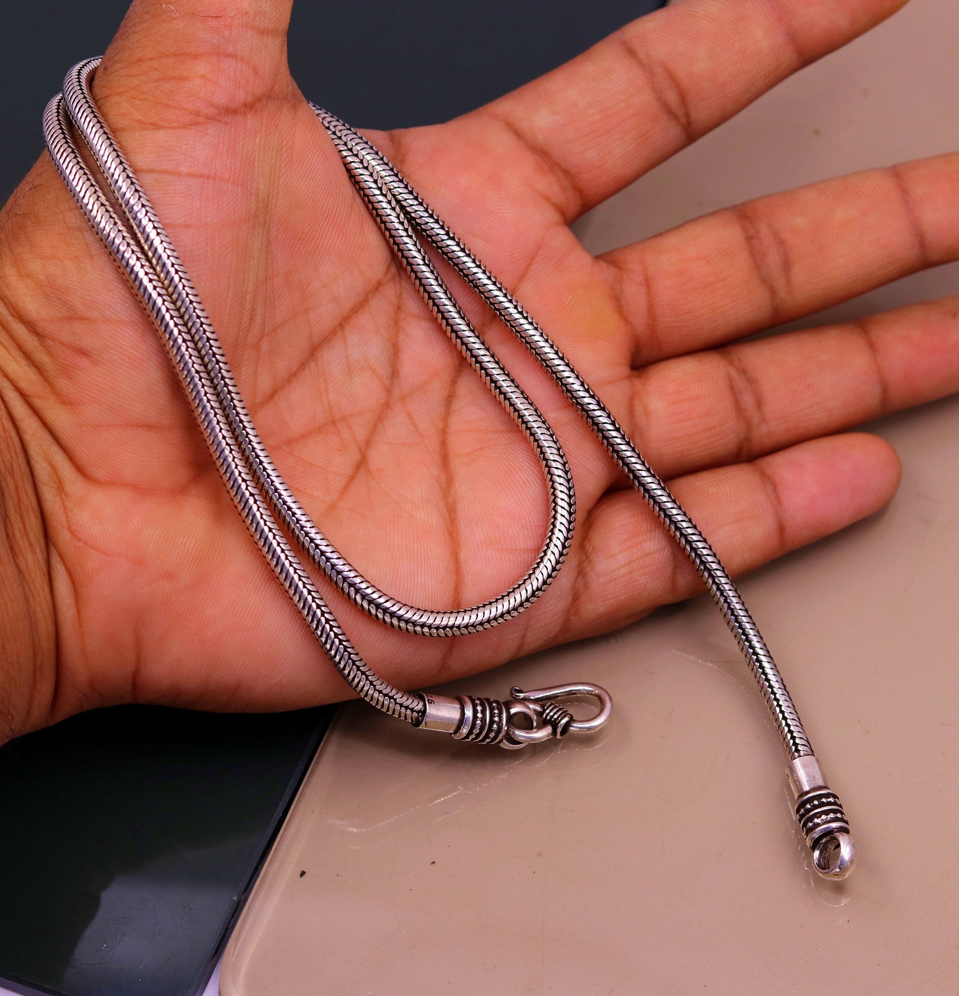 925 sterling silver 24" handmade snake chain screw chain pendant chain excellent oxidized silver necklace vintage design tribal jewelry ch67 - TRIBAL ORNAMENTS