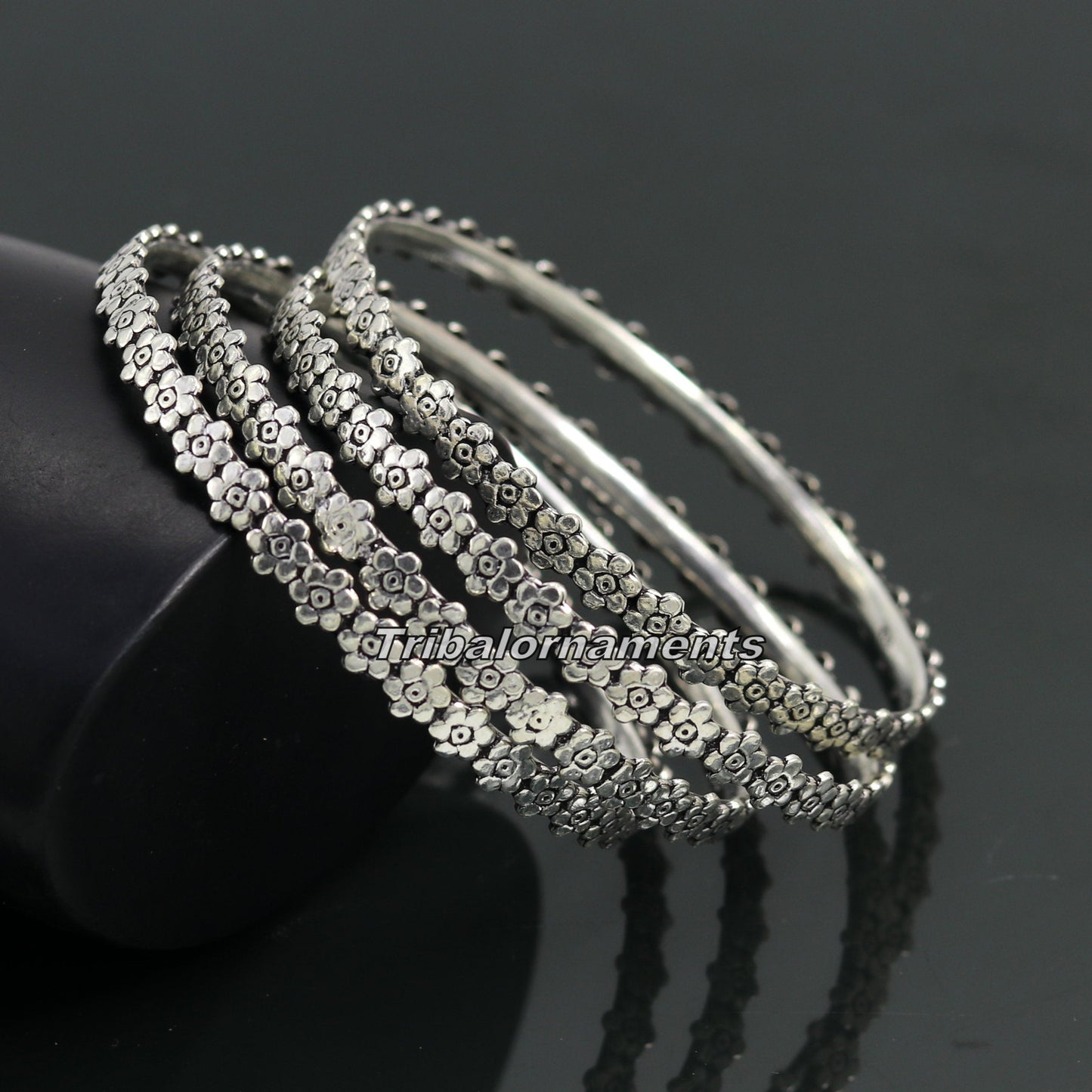 Vintage flower design handmade 925 sterling silver bangle bracelet fabulous oxidized belly dance jewelry kangan set tribal jewelry ba64 - TRIBAL ORNAMENTS