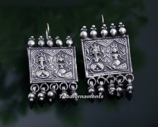 925 sterling silver handmade vintage tribal deity design excellent customized hoops earring with gorgeous hanging drops tribal earrings s829 - TRIBAL ORNAMENTS