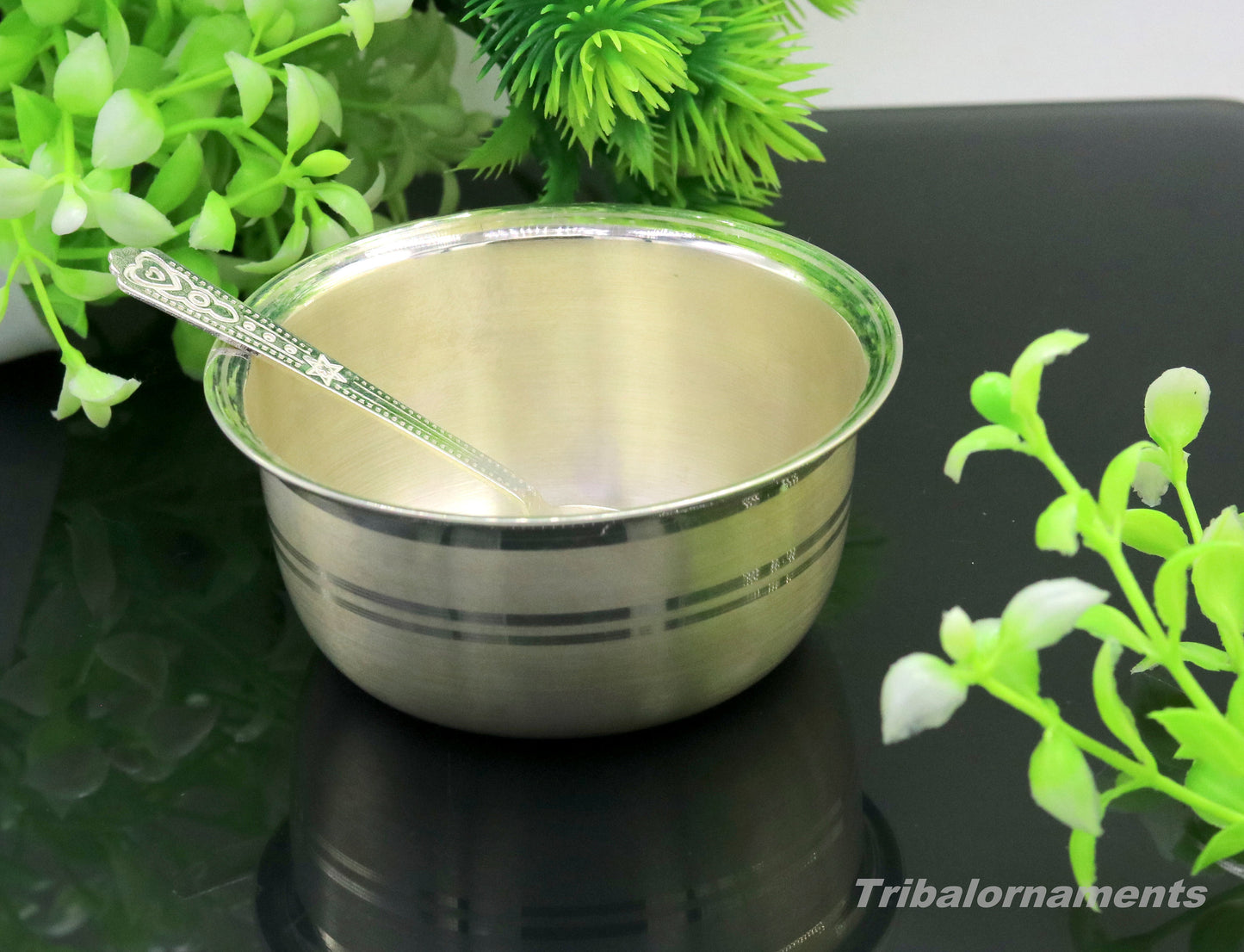 999 fine solid silver handmade bowl tray for baby food, pure silver vessels, silver utensils, home and kitchen accessories india sv28 - TRIBAL ORNAMENTS