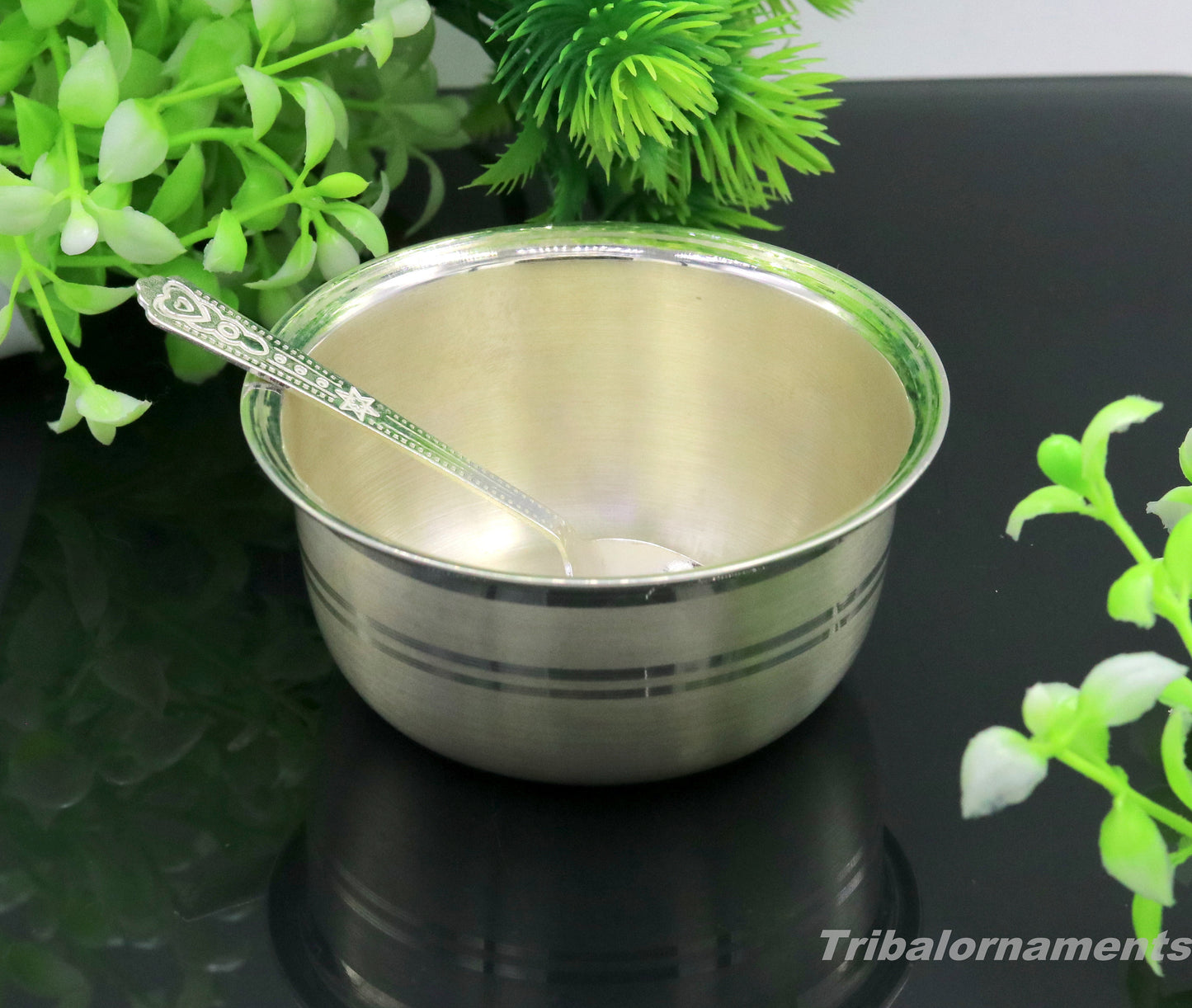 999 fine solid silver handmade bowl tray for baby food, pure silver vessels, silver utensils, home and kitchen accessories india sv28 - TRIBAL ORNAMENTS
