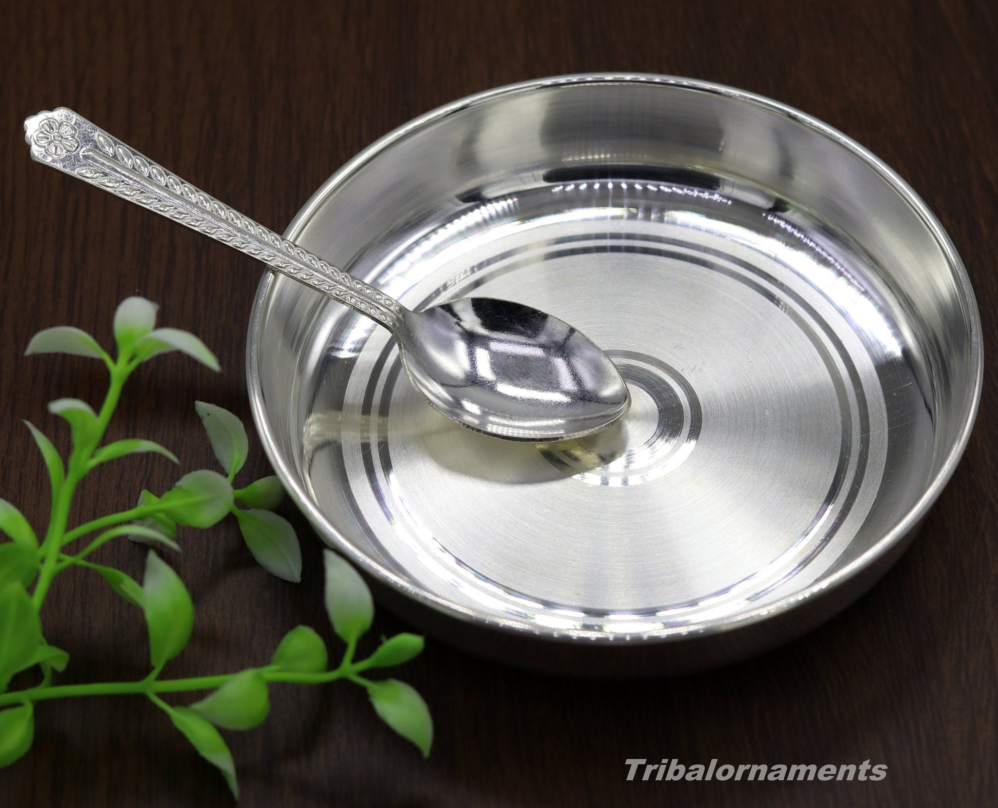 Pure 999 solid fine silver handmade plate or tray with spoon, excellent serving to baby kids food milk, silver utensils, vessels sv33 - TRIBAL ORNAMENTS