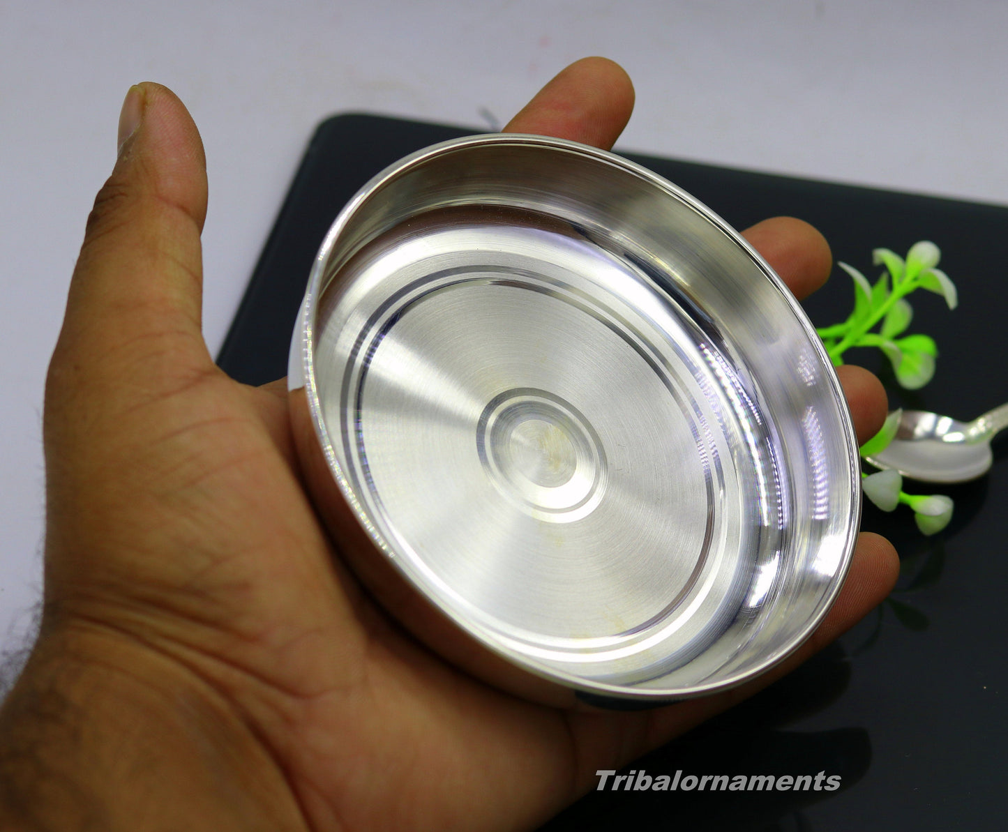 Pure 999 solid fine silver handmade plate or tray with spoon, excellent serving to baby kids food milk, silver utensils, vessels sv33 - TRIBAL ORNAMENTS