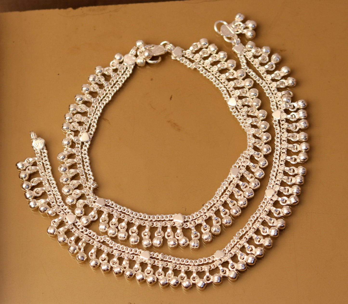 10.5" long handmade sterling silver gorgeous ankle bracelet, nice noisy hanging bells charm anklets for girls women's belly dance ank174 - TRIBAL ORNAMENTS