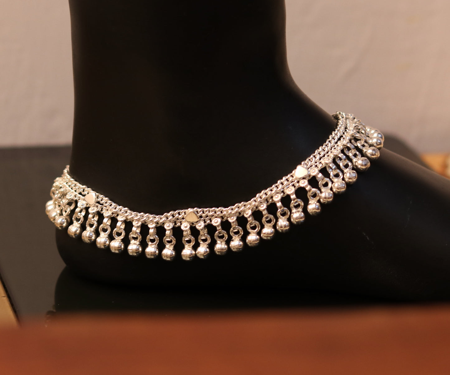 10.5" long handmade sterling silver gorgeous ankle bracelet, nice noisy hanging bells charm anklets for girls women's belly dance ank174 - TRIBAL ORNAMENTS