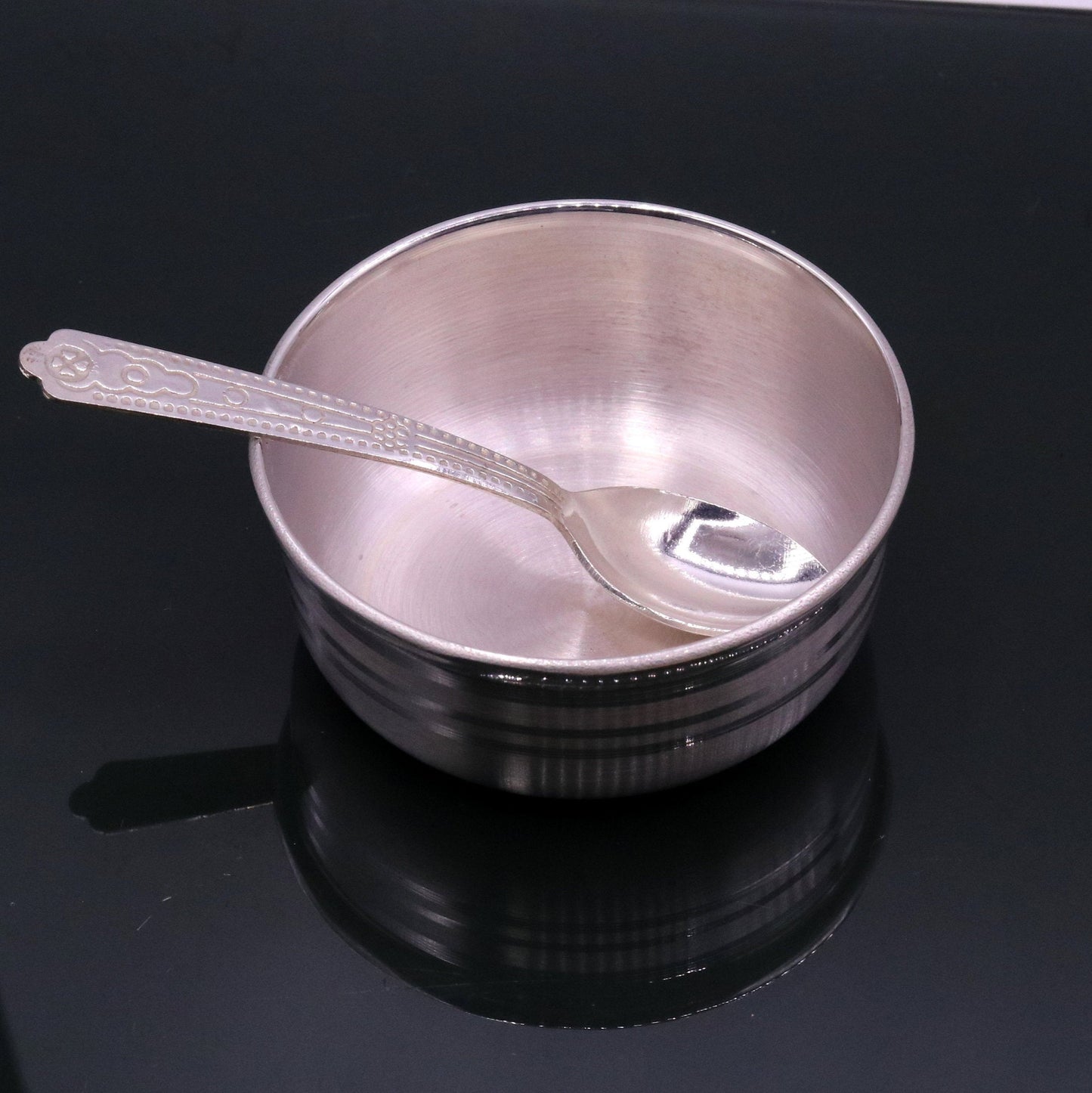 Handmade 99.9% solid pure silver baby bowl with small spoon silver vessels, daily use silver utensils for your healthy baby or kids sv12 - TRIBAL ORNAMENTS
