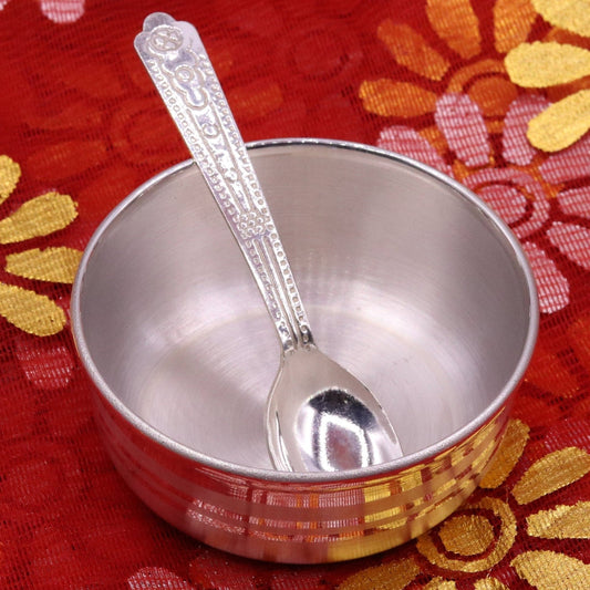 Handmade 99.9% solid pure silver baby bowl with small spoon silver vessels, daily use silver utensils for your healthy baby or kids sv12 - TRIBAL ORNAMENTS