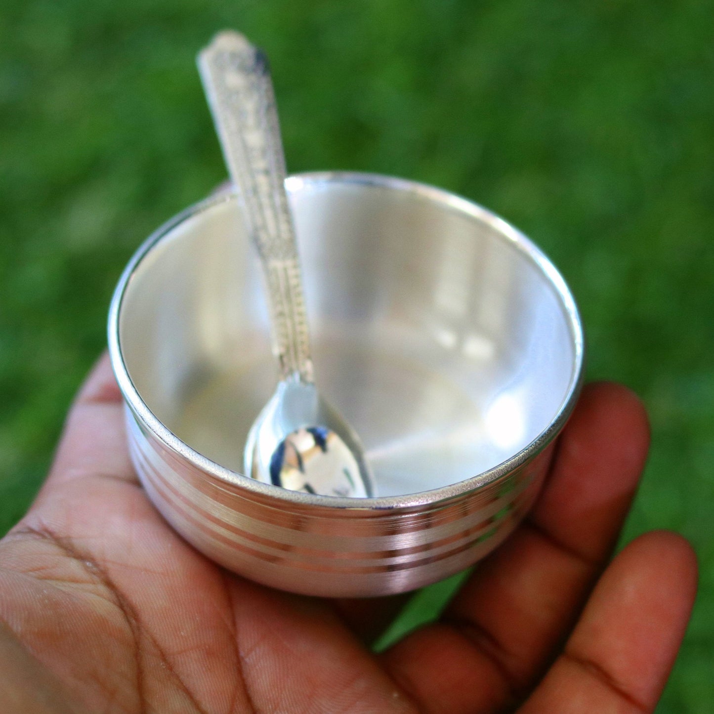 Handmade 99.9% solid pure silver baby bowl with small spoon silver vessels, daily use silver utensils for your healthy baby or kids sv12 - TRIBAL ORNAMENTS