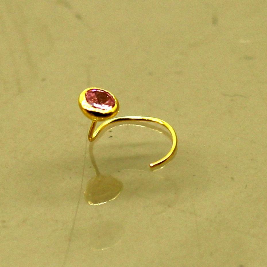 3.5mm tiny single pink stone 18kt yellow gold handmade nose pin, excellent L band nose plug, nose wire, cartilage jewelry for girl's gnp34 - TRIBAL ORNAMENTS