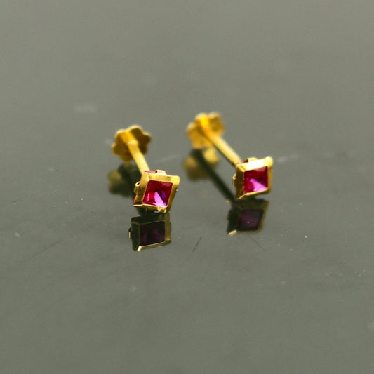 3.5mm tiny single red stone handmade 18kt yellow gold combo jewelry we can use as stud or nose stud , baby stud cartilage jewelry er109 - TRIBAL ORNAMENTS