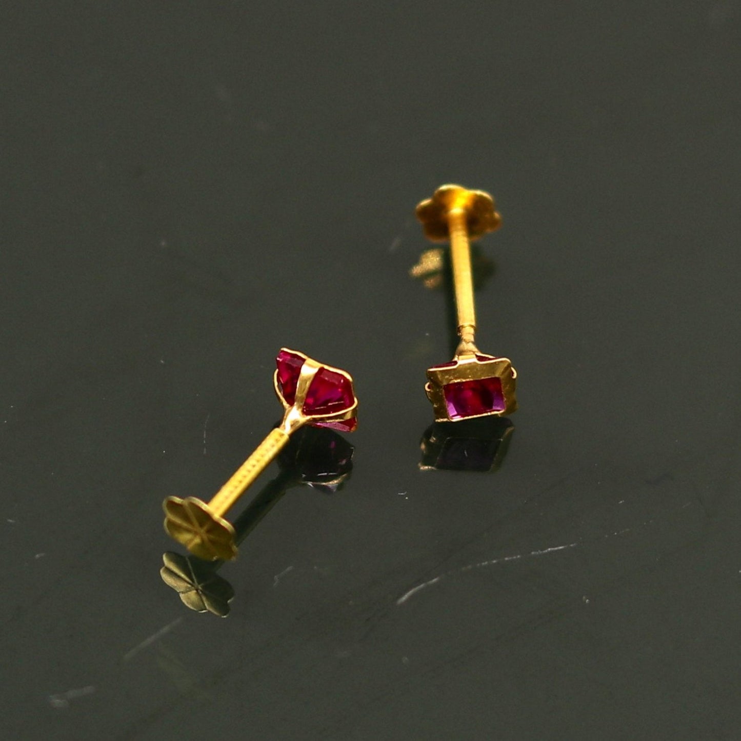 3.5mm tiny single red stone handmade 18kt yellow gold combo jewelry we can use as stud or nose stud , baby stud cartilage jewelry er109 - TRIBAL ORNAMENTS