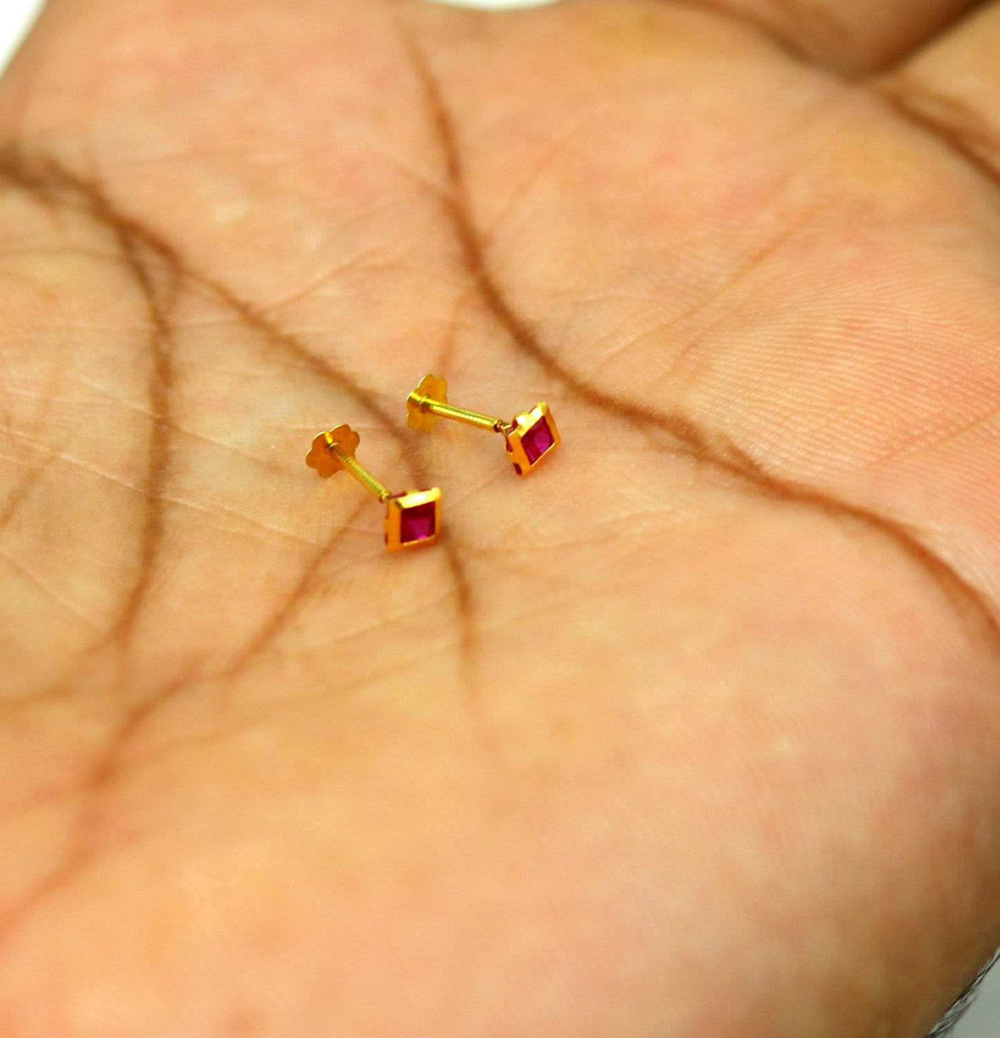 3.5mm tiny single red stone handmade 18kt yellow gold combo jewelry we can use as stud or nose stud , baby stud cartilage jewelry er109 - TRIBAL ORNAMENTS