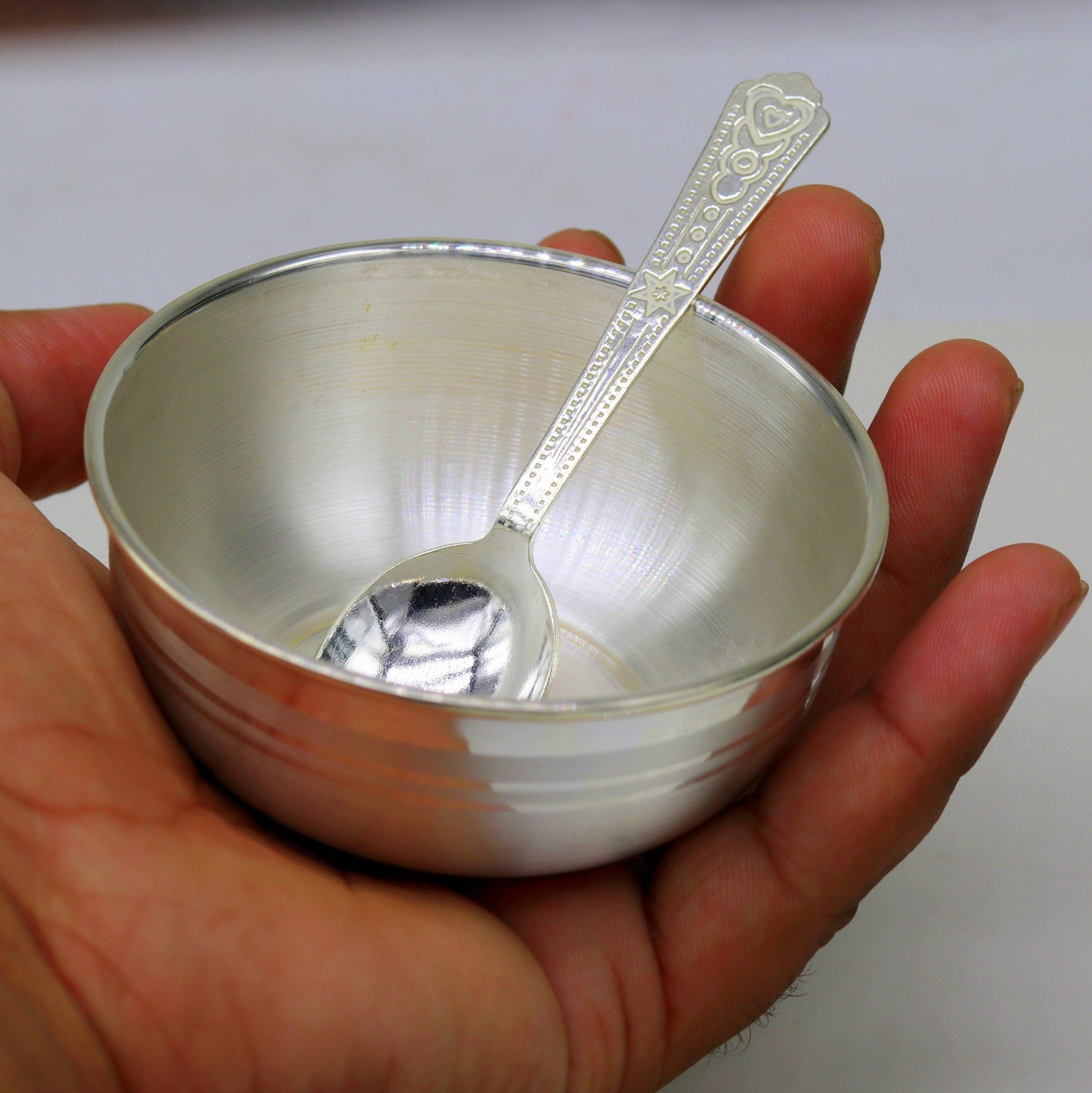 999 fine silver handmade silver bowl and spoon set, silver has antibacterial properties,stay baby/kids healthy, silver vessels utensils sv43 - TRIBAL ORNAMENTS