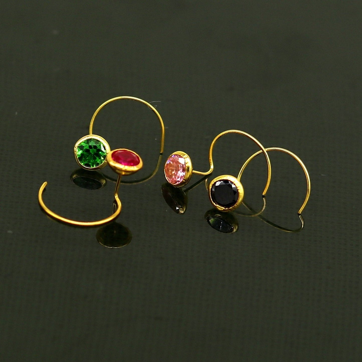 18kt yellow gold handmade CZ stone color nose pin with U band, gorgeous color stone 4 mm tiny nose pin, nose plug, best gift for girls gnp35 - TRIBAL ORNAMENTS