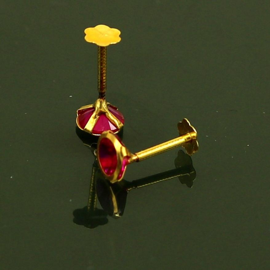 4mm 18k yellow gold handmade fabulous red cubic zircon stone excellent antique vintage design stud earrings pair unisex jewelry er114 - TRIBAL ORNAMENTS