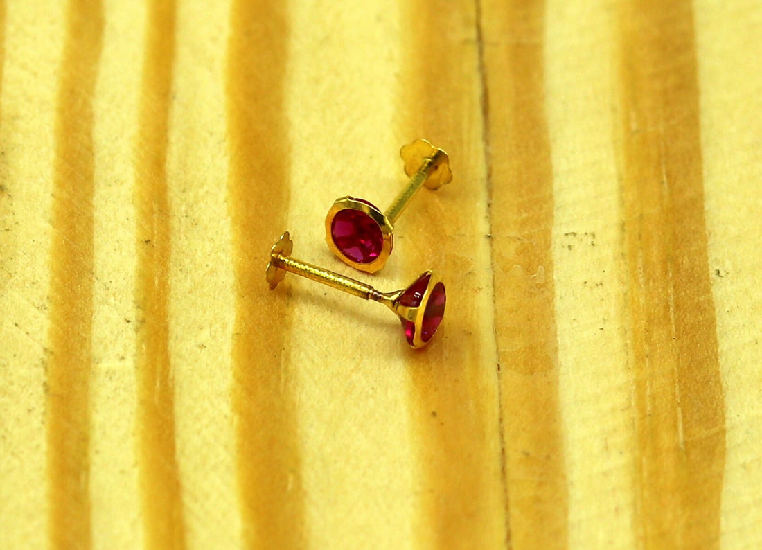 4mm 18k yellow gold handmade fabulous red cubic zircon stone excellent antique vintage design stud earrings pair unisex jewelry er114 - TRIBAL ORNAMENTS