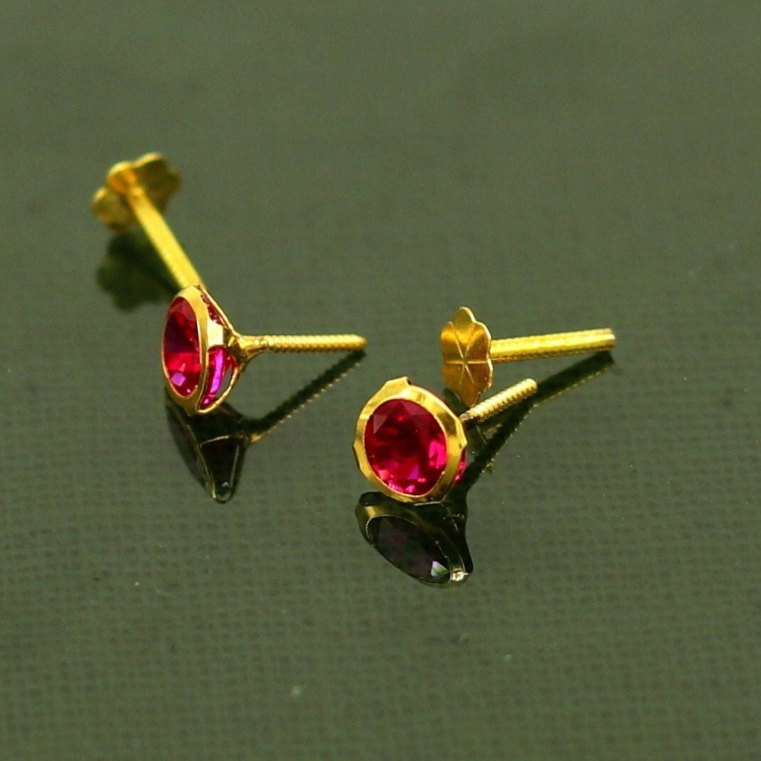 4mm 18k yellow gold handmade fabulous red cubic zircon stone excellent antique vintage design stud earrings pair unisex jewelry er114 - TRIBAL ORNAMENTS