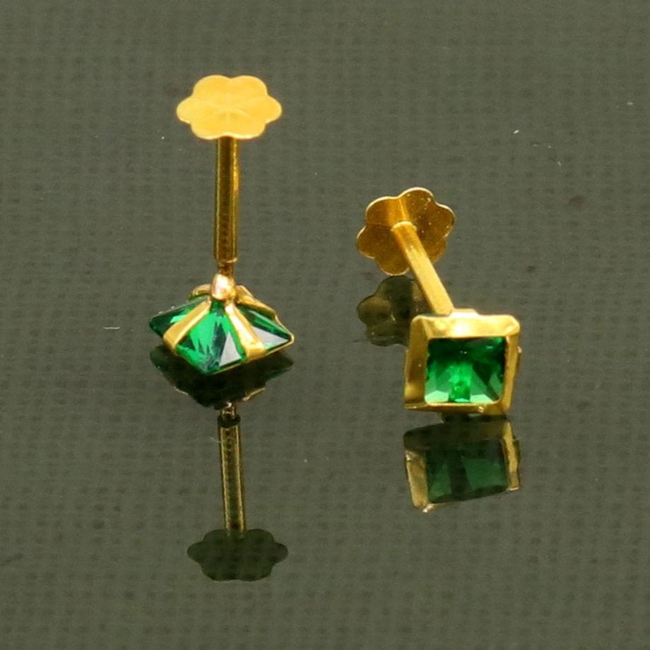3MM OR 4mm single Green stone 18kt yellow gold handmade square shape fabulous screw back stud earring or nose pin unisex jewelry er121 - TRIBAL ORNAMENTS