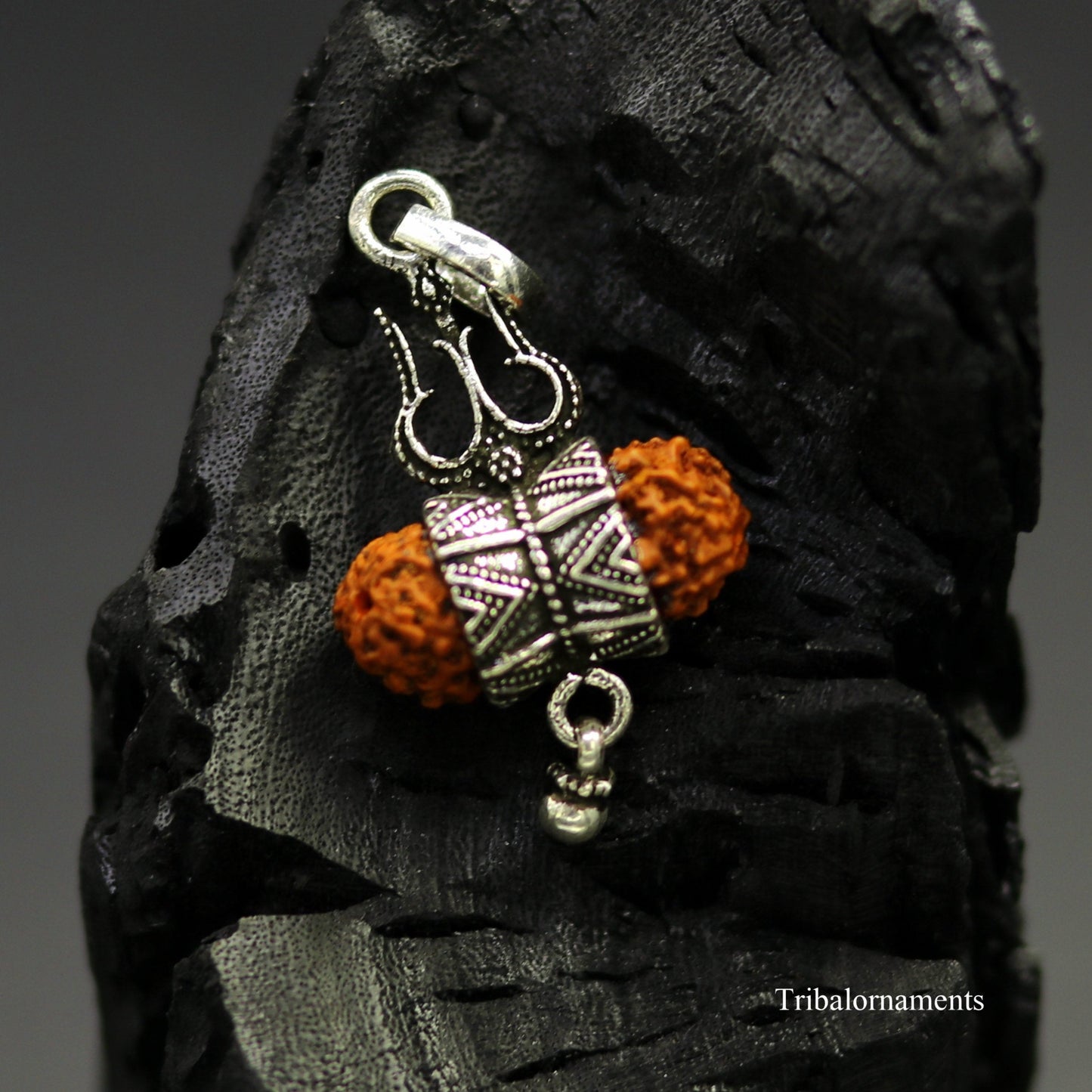 925 sterling silver handmade fabulous natural rudraksh lord shiva trident shape vintage design pendant with hanging drops jewelry nsp377 - TRIBAL ORNAMENTS