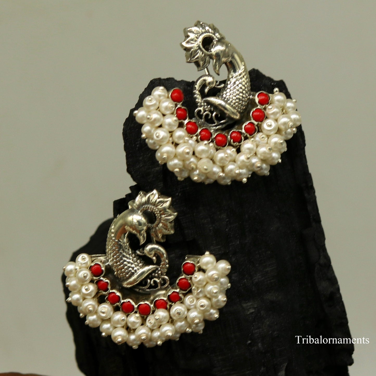 925 sterling silver handmade gorgeous peacock design stud earring with gorgeous red and pearl stone customized earring tribal jewelry s859 - TRIBAL ORNAMENTS