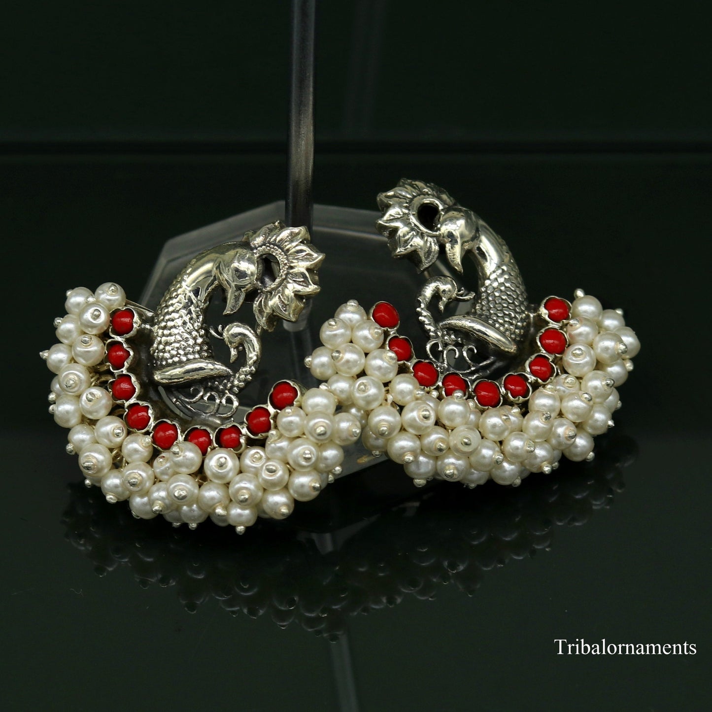 925 sterling silver handmade gorgeous peacock design stud earring with gorgeous red and pearl stone customized earring tribal jewelry s859 - TRIBAL ORNAMENTS