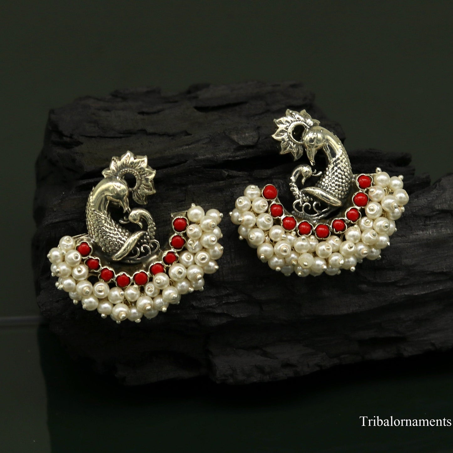 925 sterling silver handmade gorgeous peacock design stud earring with gorgeous red and pearl stone customized earring tribal jewelry s859 - TRIBAL ORNAMENTS