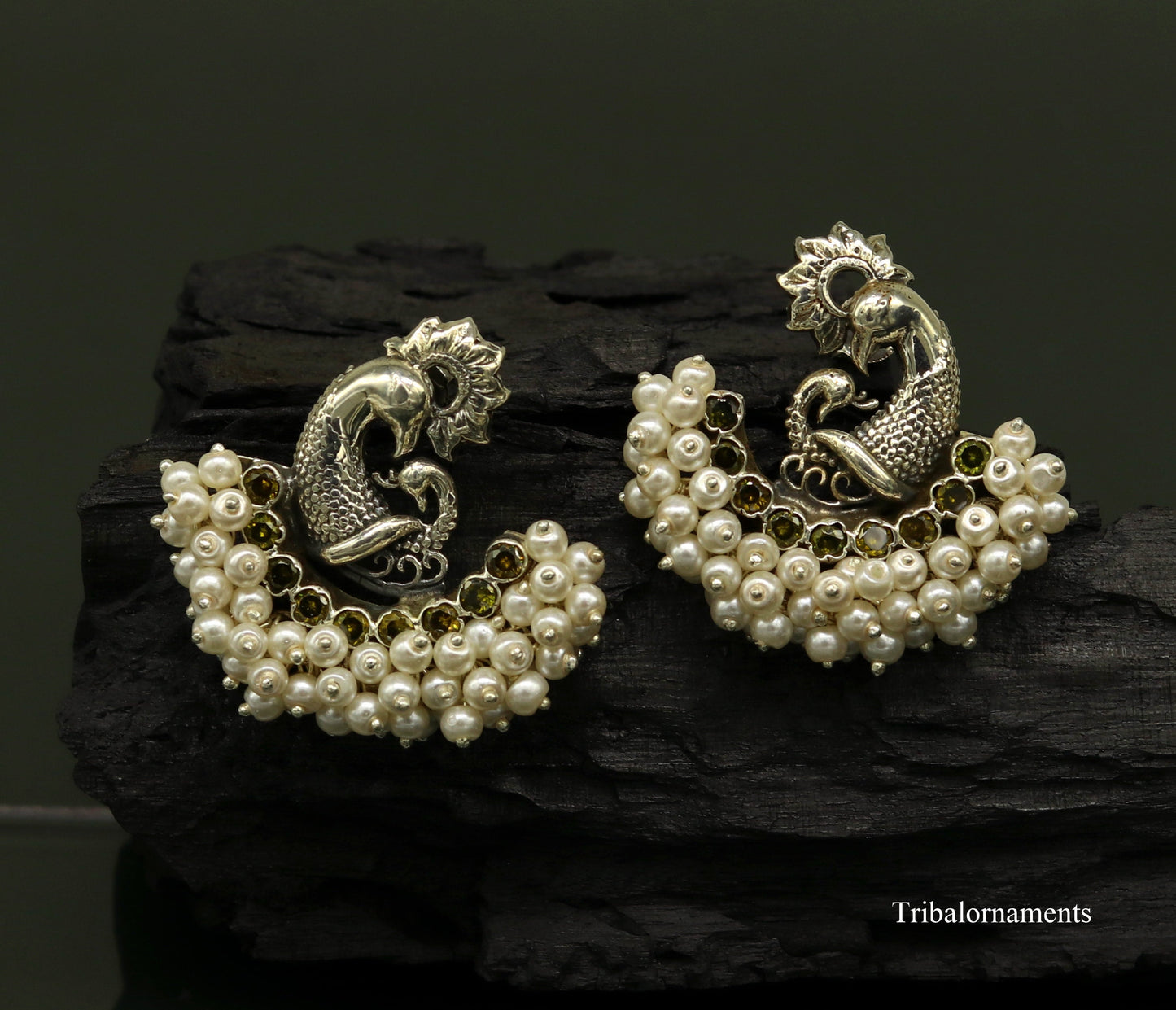 925 sterling silver handmade gorgeous peacock design stud earring with gorgeous pearl stone customized earring tribal jewelry s860 - TRIBAL ORNAMENTS