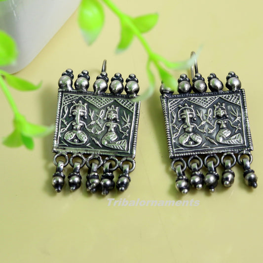 925 sterling silver handmade vintage tribal deity design excellent customized hoops earring with gorgeous hanging drops tribal earrings s829 - TRIBAL ORNAMENTS