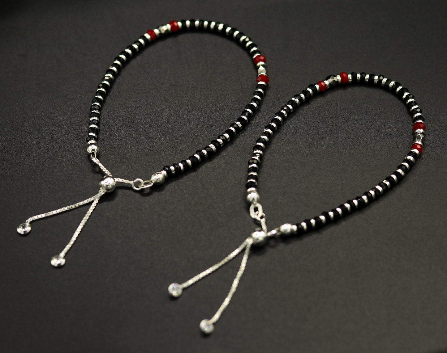 7" long 925 sterling silver gorgeous black and red beaded bracelet, charm bracelet, customized bracelet adjustable girl's jewelry sbr160 - TRIBAL ORNAMENTS