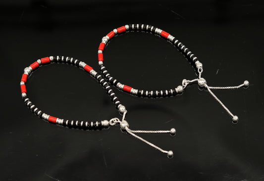 7 inches long handmade 925 sterling silver fabulous silver beads, black and red beads stone charm adjustable customized bracelet sbr167 - TRIBAL ORNAMENTS