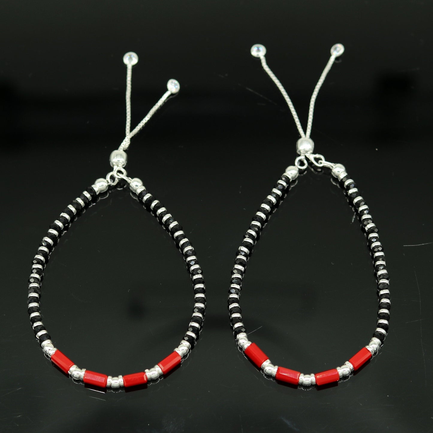 7 inches long handmade 925 sterling silver fabulous silver beads, red and black stone charm adjustable customized bracelet for girl's sbr169 - TRIBAL ORNAMENTS