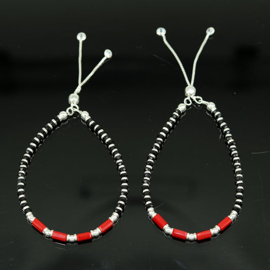 7 inches long handmade 925 sterling silver fabulous silver beads, red and black stone charm adjustable customized bracelet for girl's sbr169 - TRIBAL ORNAMENTS