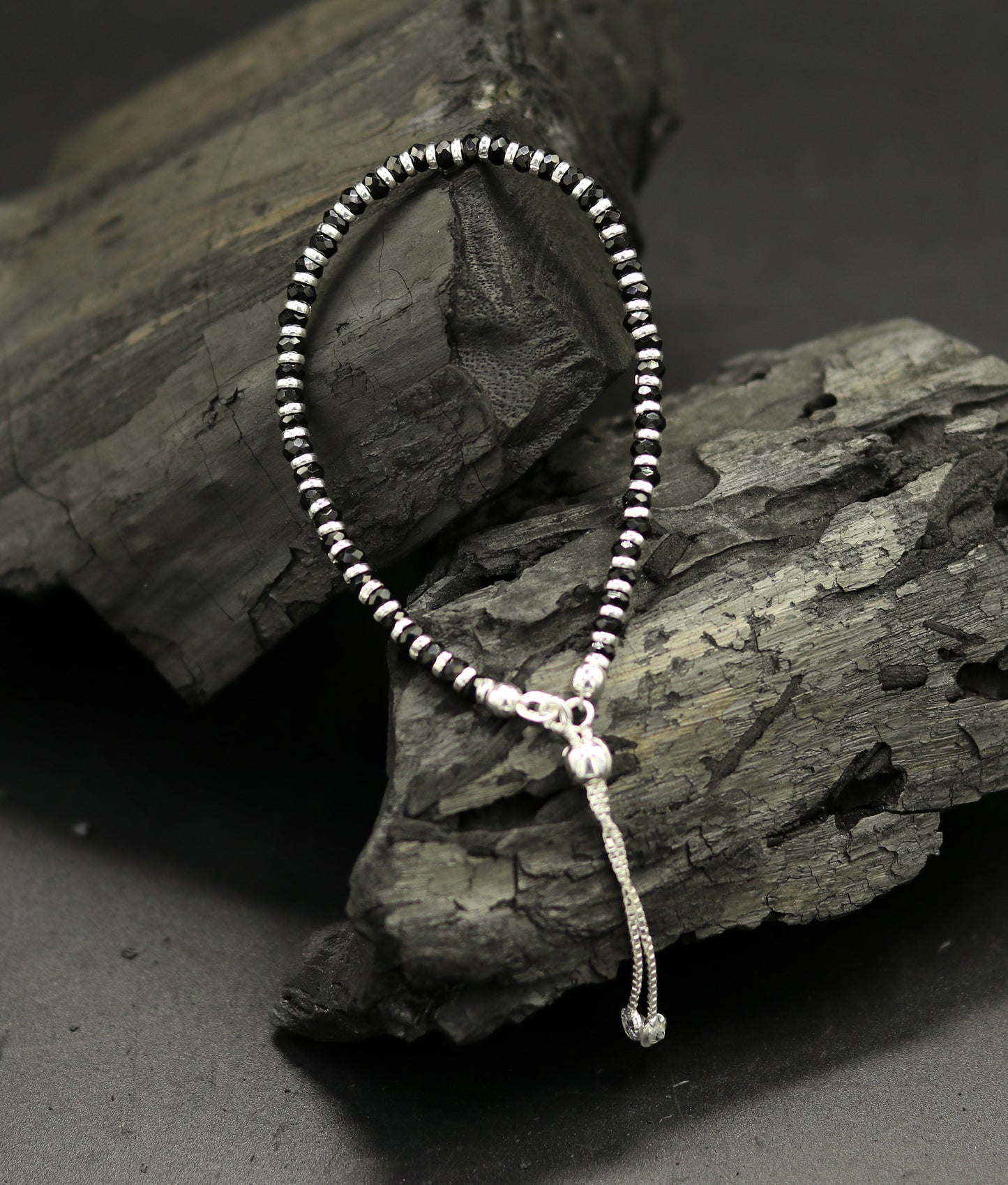 7 inches long handmade 925 sterling silver fabulous silver beads, black stone charm adjustable customized bracelet for girl's gifting sbr171 - TRIBAL ORNAMENTS