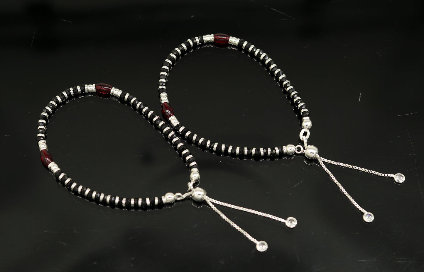 7 inches long handmade 925 sterling silver fabulous silver beads, black stone adjustable customized charm bracelet for girl's gifting sbr173 - TRIBAL ORNAMENTS