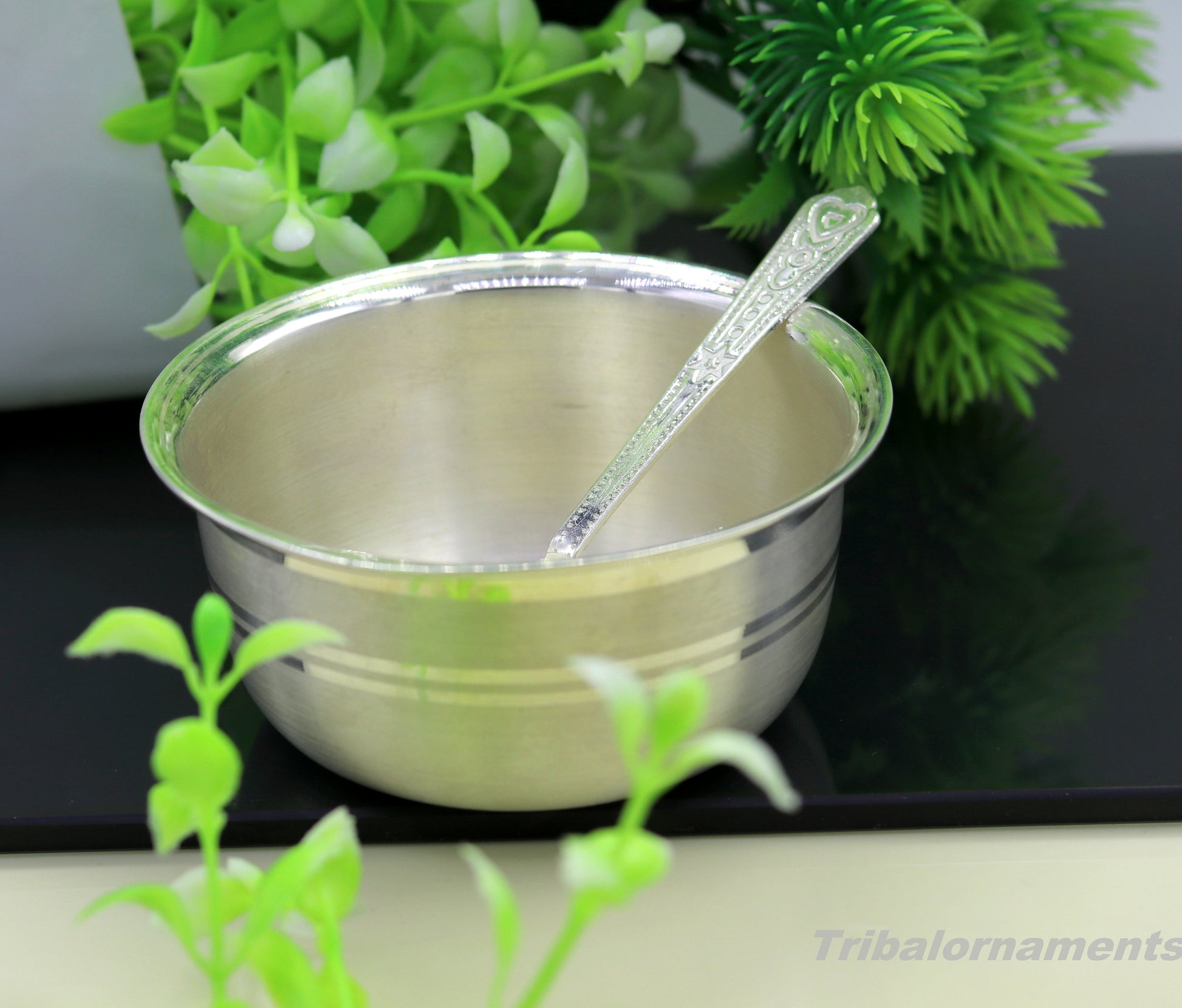 999  fine solid silver handmade bowl tray for baby food, pure silver vessels, silver utensils, home and kitchen accessories india sv28 - TRIBAL ORNAMENTS