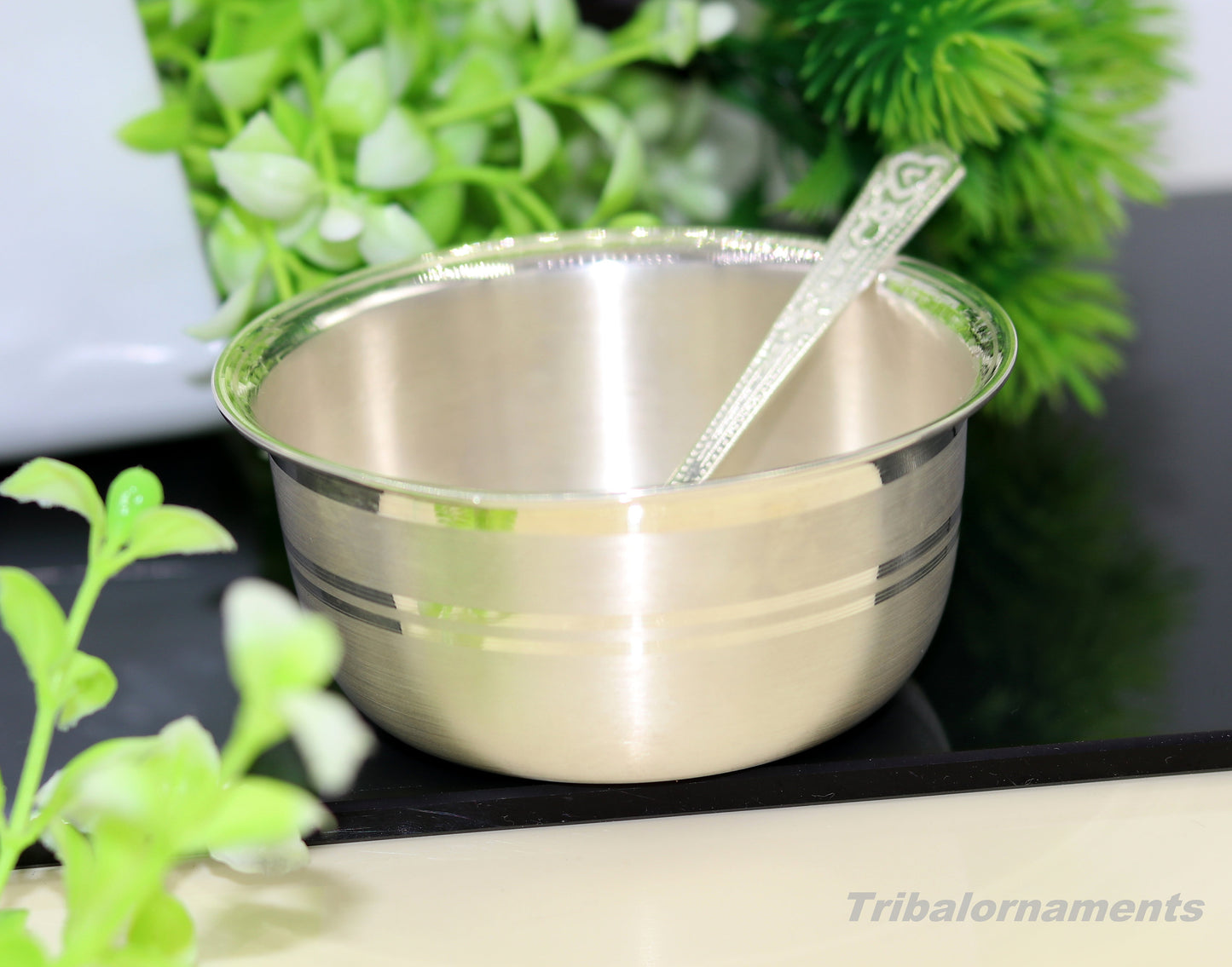 999 fine solid silver handmade bowl tray for baby food, pure silver vessels, silver utensils, home and kitchen accessories india sv28 - TRIBAL ORNAMENTS