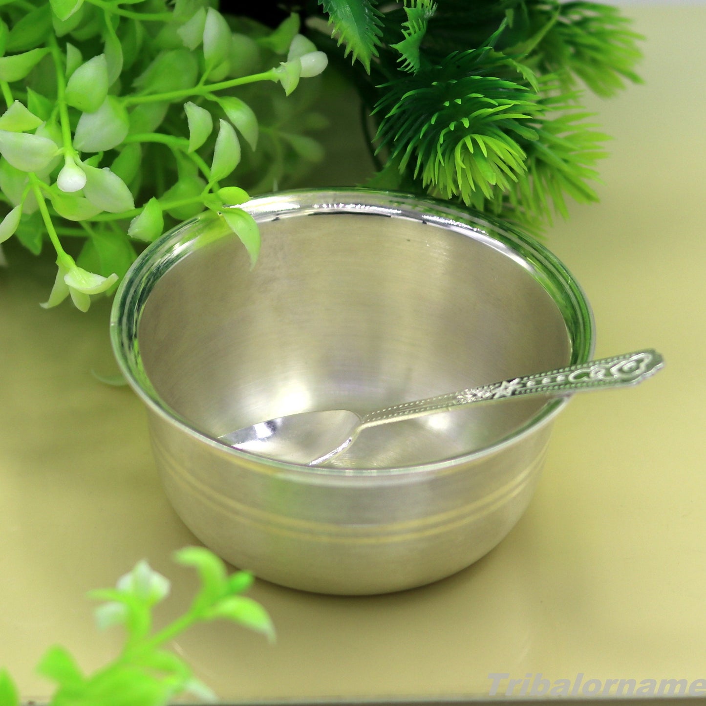 999 fine solid silver handmade bowl tray for baby food, pure silver vessels, silver utensils, home and kitchen accessories india sv28 - TRIBAL ORNAMENTS