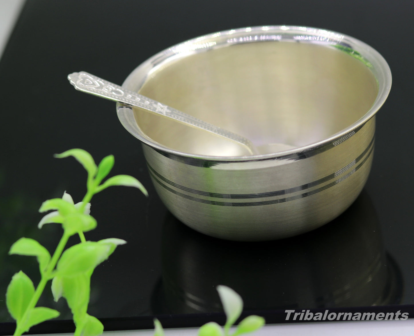 999 fine solid silver handmade bowl tray for baby food, pure silver vessels, silver utensils, home and kitchen accessories india sv28 - TRIBAL ORNAMENTS