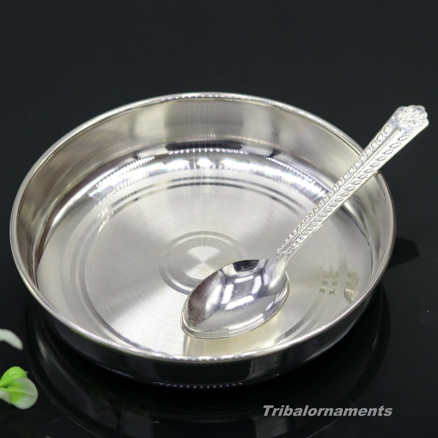 Pure 999 solid fine silver handmade plate or tray with spoon, excellent serving to baby kids food milk, silver utensils, vessels sv33 - TRIBAL ORNAMENTS
