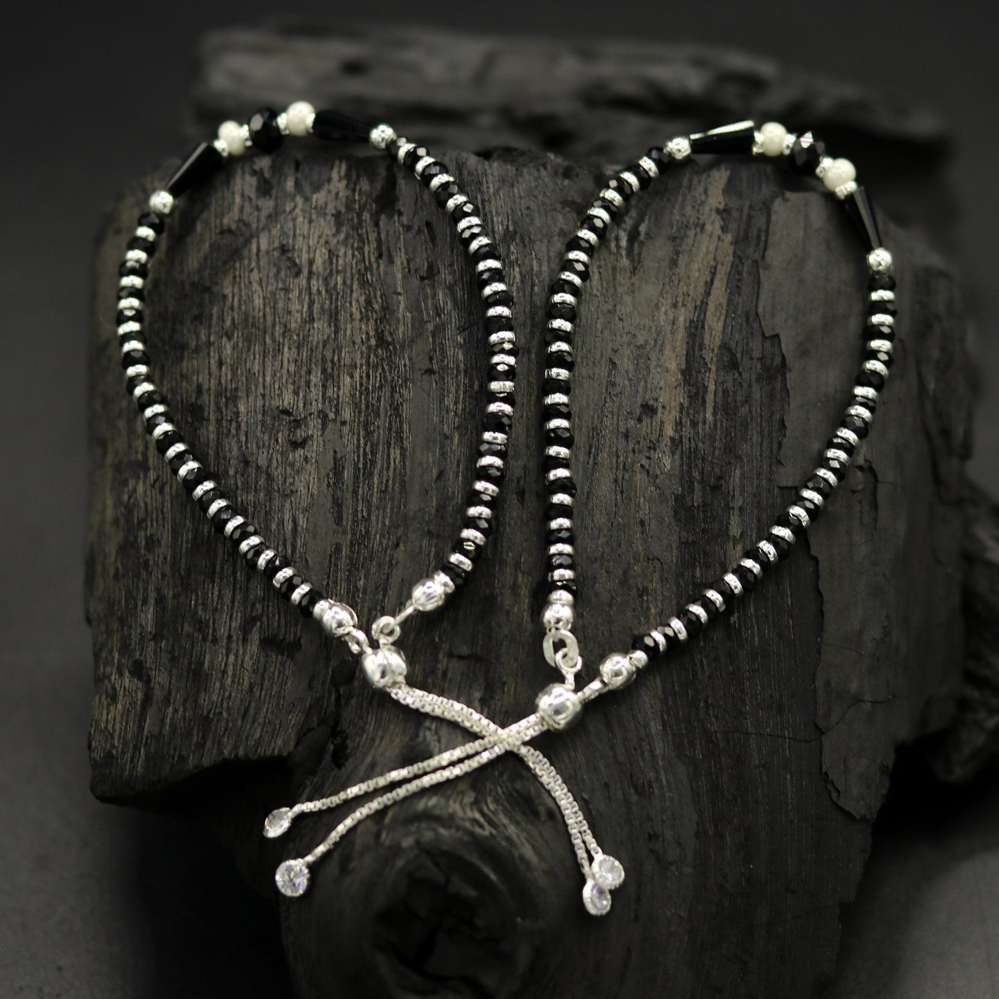 925 sterling silver beaded with black onyx stone handmade charm adjustable bracelet 'Nazariya' excellent charm jewelry for girls sbr178 - TRIBAL ORNAMENTS