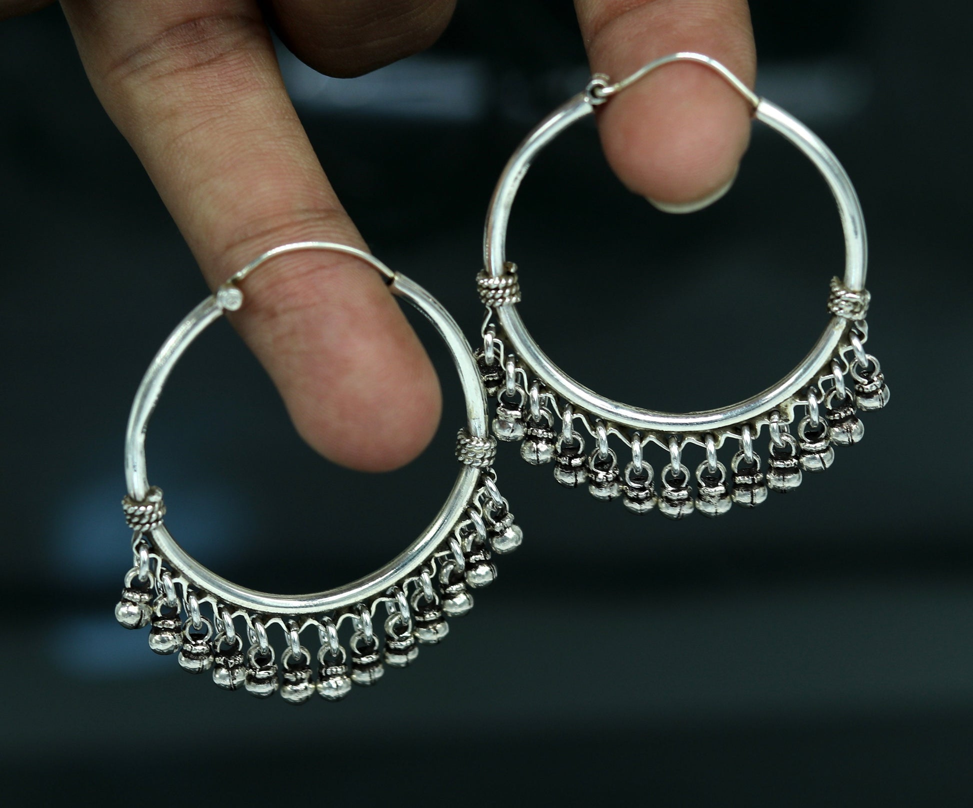 925 sterling silver handmade fabulous hoops earring with gorgeous hanging drops, customized large earring personalized gift s869 - TRIBAL ORNAMENTS