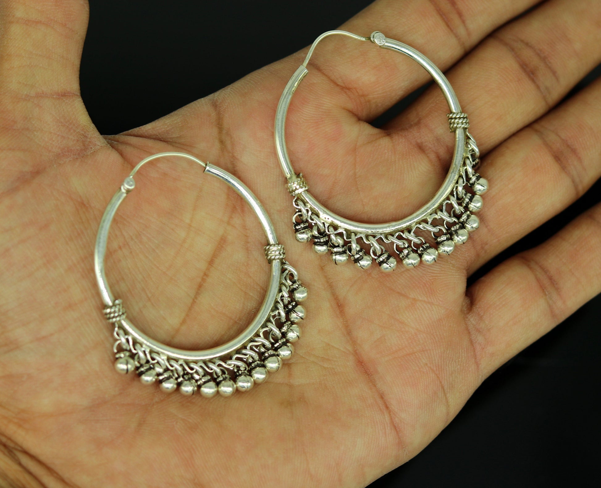 925 sterling silver handmade fabulous hoops earring with gorgeous hanging drops, customized large earring personalized gift s869 - TRIBAL ORNAMENTS