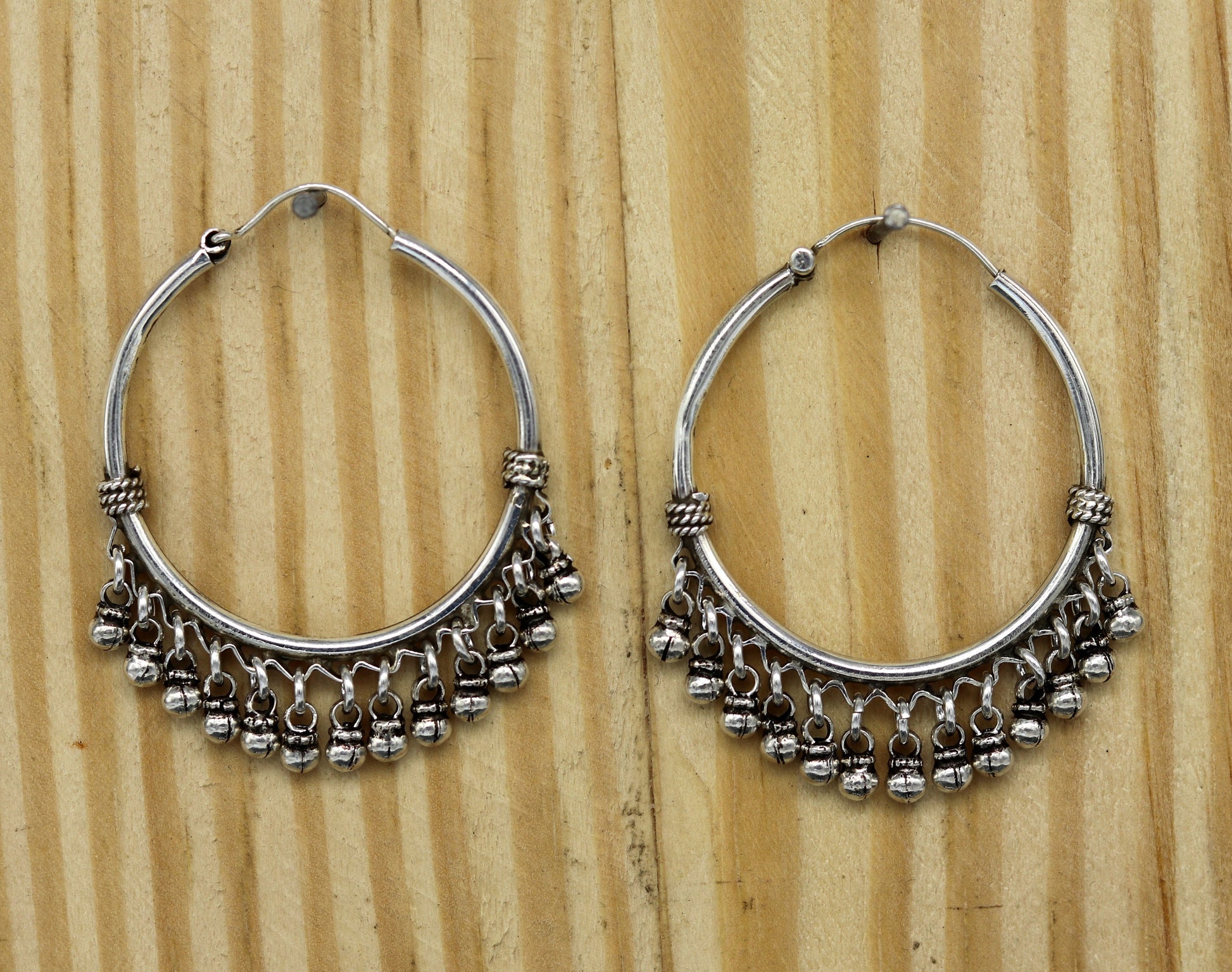 925 sterling silver handmade fabulous hoops earring with gorgeous hanging drops, customized large earring personalized gift s869 - TRIBAL ORNAMENTS